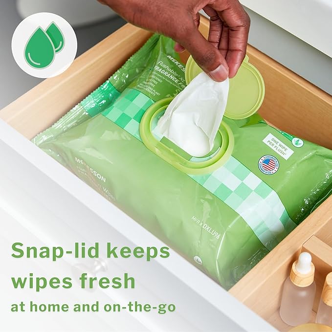 McKesson Flushable* Adult Wet Wipes – 576 Wipes (12 Pack of 48) – Aloe & Vitamin E, Plant-Based Cleansing Wipes, Unscented