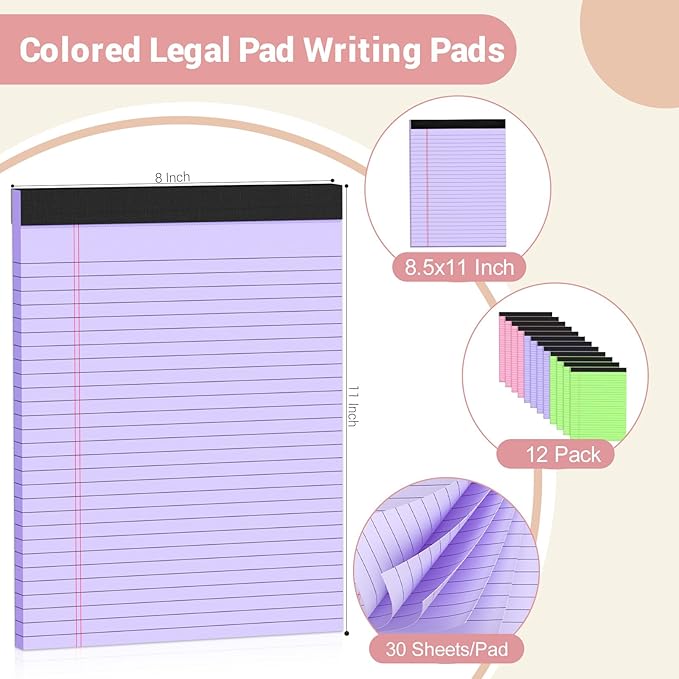 Legal Pads 8.5 x 11 Colored Notepad, 12 Pack Wide Ruled Lined Paper, Micro Perforated Writing Pads, 30 Sheet/Note Pads, Pink Legal Pad 8.5 x 11 Notebook Paper Tablet for School
