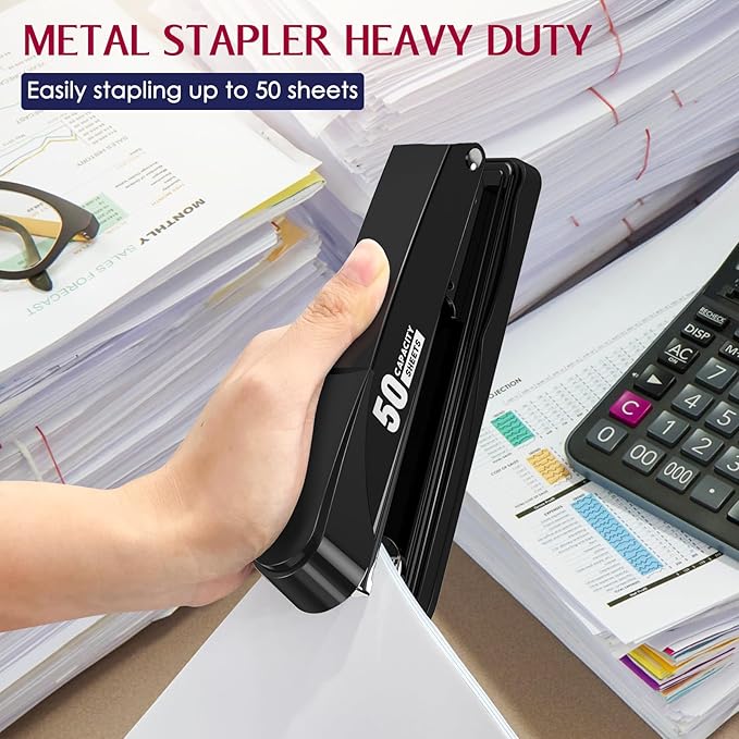 Metal Stapler Heavy Duty 50 Sheet Capacity with 1750 Staples and Staple Remover, Full Strip Staplers for Desk, No Jam, Non-Slip for Office & Classroom, Black