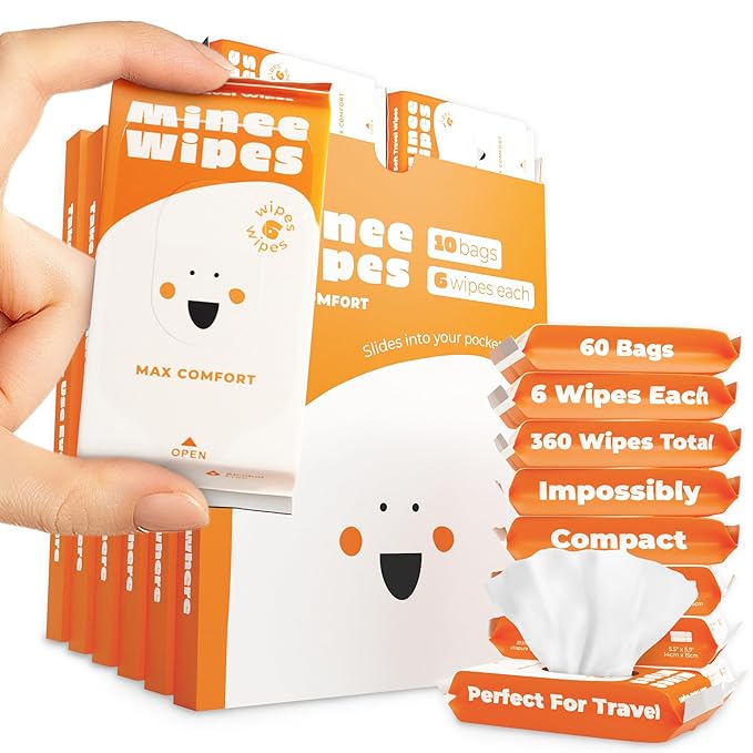 Impossibly Compact Travel Wipes - 99.5% Water - Safe for Sensitive Skin & Hypoallergenic, Resealable, Thick & Durable - For Adults, Kids & Baby Care - Unscented, 60 Pack Total 360 Wipes