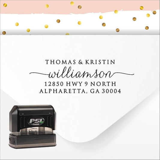 Self Inking Return Address Stamp - Custom 4 Line Personalized Address Stamp for Envelopes, Wedding Invitations, Business, Mailing Labels, Black Ink (Calligraphy Script)