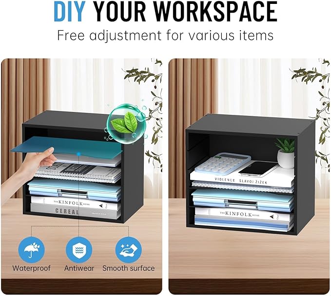 5-Tier Wood Desk Organizer, Paper Tray Organizer for Desk with Adjustable Storage Shelves, Desktop File Organization Paper Sorter Mail Holder for Office Home Classroom, Black