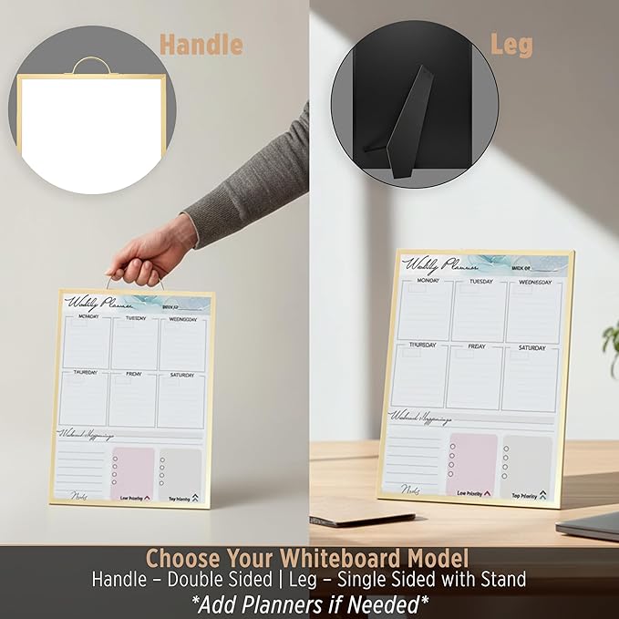 Small Whiteboard 12 x 16 Inch Magnetic Dry Erase Board with Stand & Wall Mount | Gold Aluminum Frame | Planner Board with Weekly & Monthly Sheets | 3 Markers, Eraser & 2 Magnets