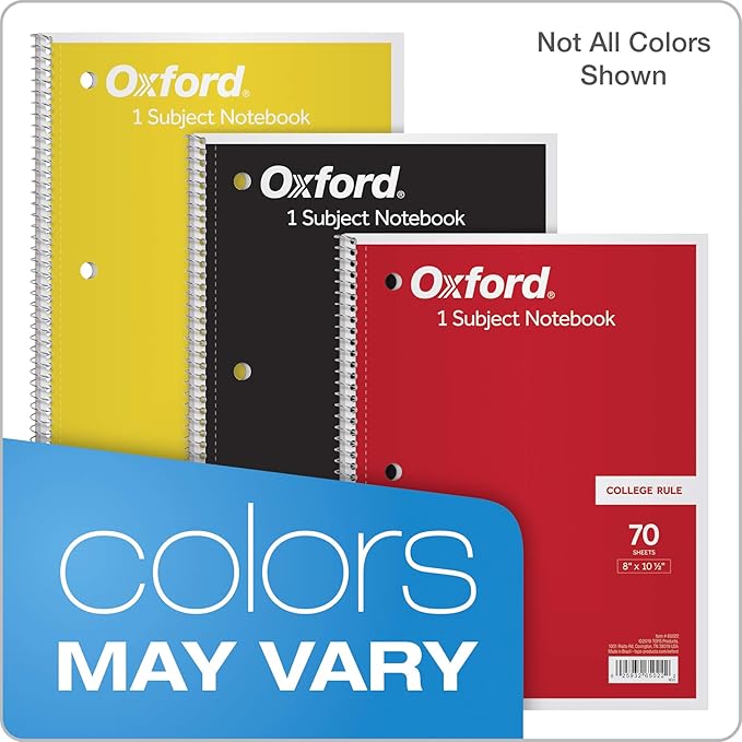 Oxford Spiral Notebook, 1 Subject, College Ruled Paper, 8 x 10-1/2 Inch, Color Assortment Design May Vary (65007) (Pack of 24)