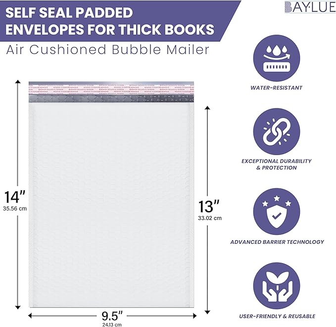 White 10x13 Inch Poly Bubble Mailers |Self Seal Padded Envelopes for Thick books | Air Cushioned Bubble Mailer | Usable Size 9.5x13 Inch | Waterproof Lightweight Mailing Shipping Bags | 100 Pack Bulk