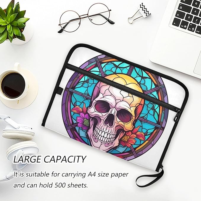 Skull Sunglasses Flowers Expandable Filing Folder, 13 Pockets A4 Letter Size Document Organizer with Sticky Labels for Office, School, Boys, Girls