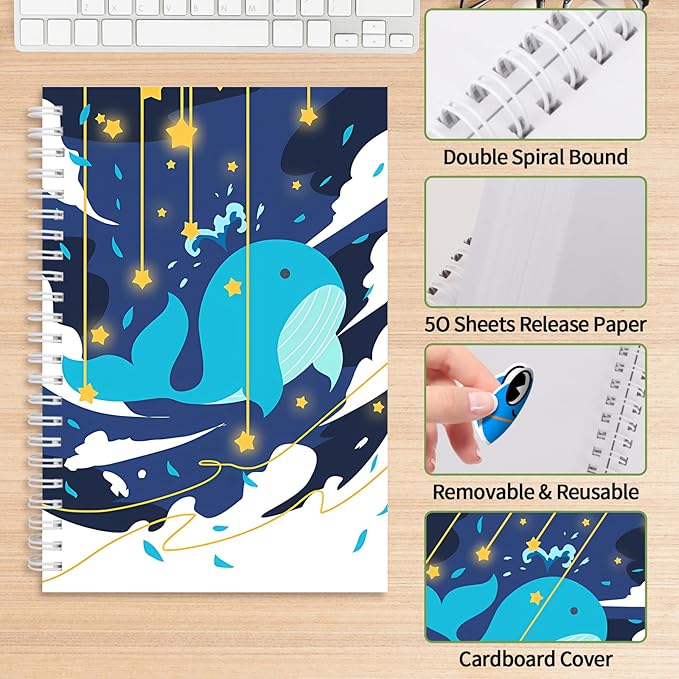 Whale Blank Sticker Collecting Journal Cute Animal Gift 2PCS Stickers Organizer Storage Book Reusable Stickers Organizer Notebook 50+50 Sheets Blank Release Paper (2pcssticker-whale)