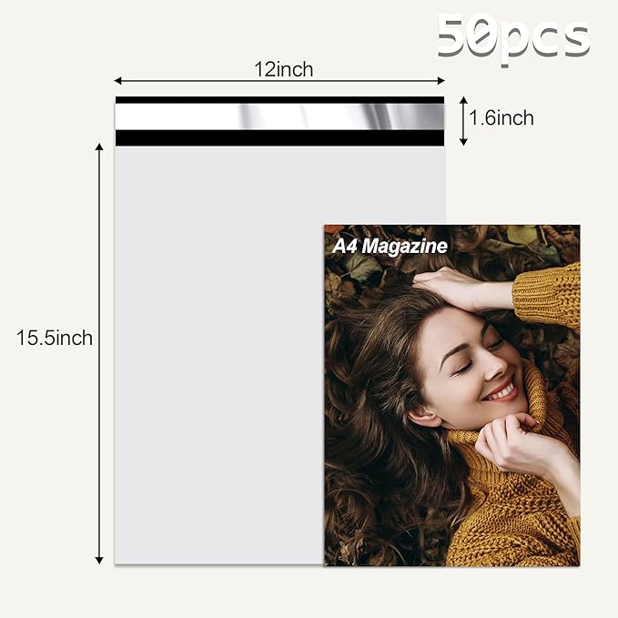 White Poly Mailers 12x15.5 Inch 50 Pcs, Strong Adhesive Shipping Bags for Clothing, Self-Sealing and Waterproof Mailing Envelopes, Privacy Protected Mailer Bags for Small Business