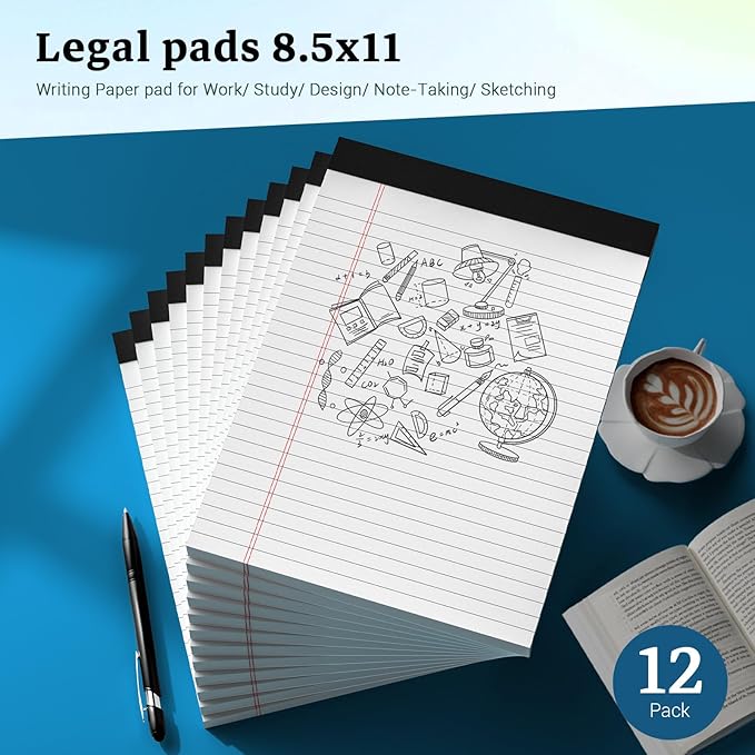 White Legal Note Pads 8.5 x 11, 12 Pack Writing Paper Note Pads 8.5x11, Micro Perforated Wide Ruled Lined Writing Pads 30 Sheets for Home Office School Work, Legal Notepads Double-Side Printed Per Pad