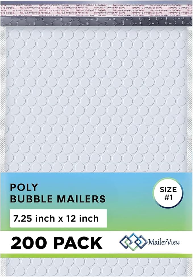 White Poly Bubble Mailers 7.25x12 inch #1 | Self Seal Padded Envelopes | Cushioned Bubble Mailer | Usable Size 7.25x11 | WaterProof | Lightweight mailing Shipping Bags | 200 Pack Bulk | Made in USA