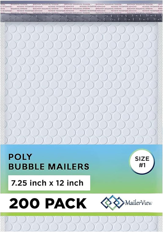 White Poly Bubble Mailers 7.25x12 inch #1 | Self Seal Padded Envelopes | Cushioned Bubble Mailer | Usable Size 7.25x11 | WaterProof | Lightweight mailing Shipping Bags | 200 Pack Bulk | Made in USA