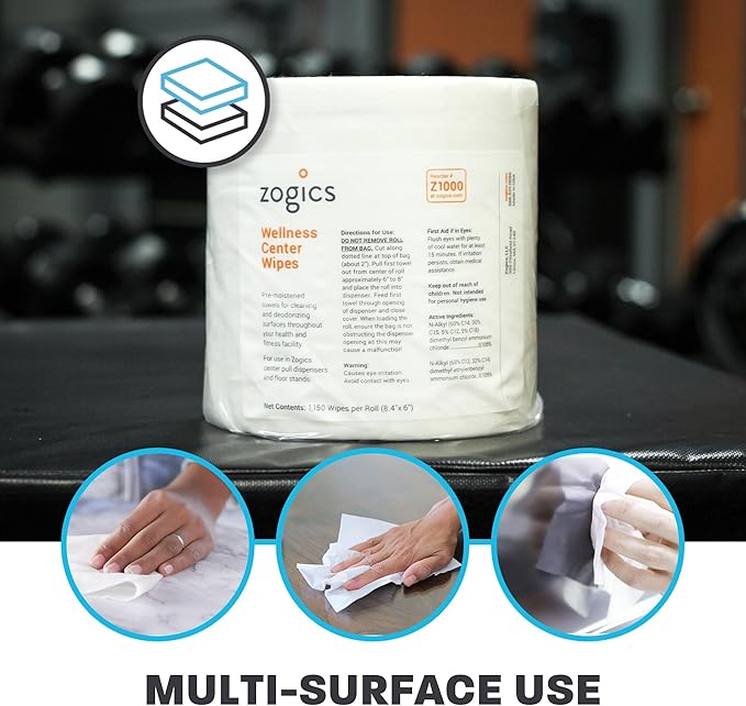 Zogics Wellness Center Cleaning Wipes – Gym Equipment Wipes for Cleaning Surfaces and Equipment, Durable and Safe Pre-Saturated (4,600 Count, 4 Rolls of 1150)