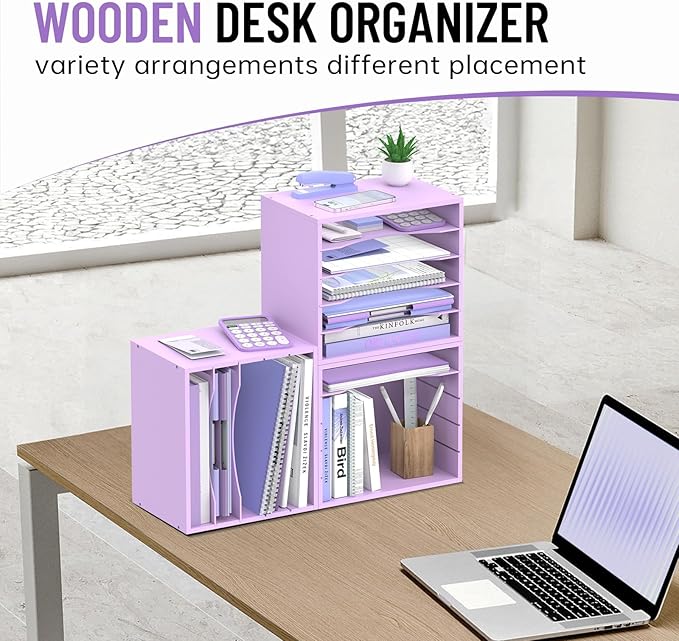5-Tier Wood Desk Organizer, Paper Tray Organizer for Desk with Adjustable Storage Shelves, Desktop File Organization Paper Sorter Mail Holder for Office Home Classroom, Purple