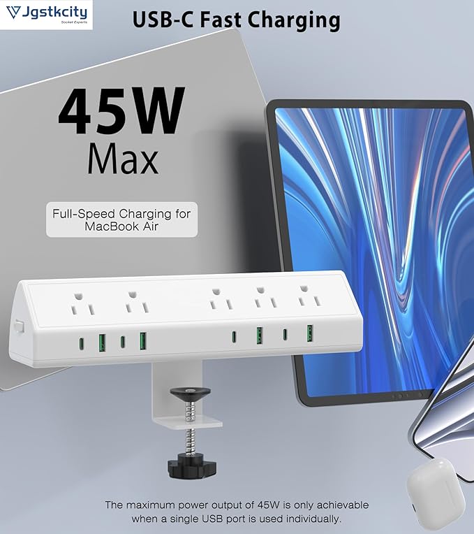 45W Fast Charging Station,Desk Clamp Power Strip,4 PD USB-C Ports,5 AC Outlets,Surge Protector Power Strip, 14AWG Heavy Duty Cord, Fits 1.9" Tabletop Edge (White, 10 FT Cable)
