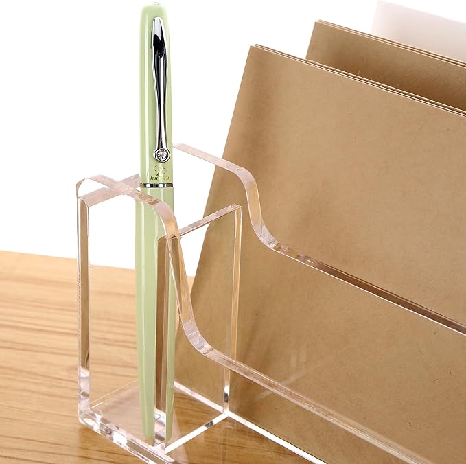 SANRUI Acrylic Mail Organizer, 5 Compartments File Holder for Desk,Letter Sorter with Pen Holder,Desk Organizers and Accessories,Clear Cute Mail Sorter