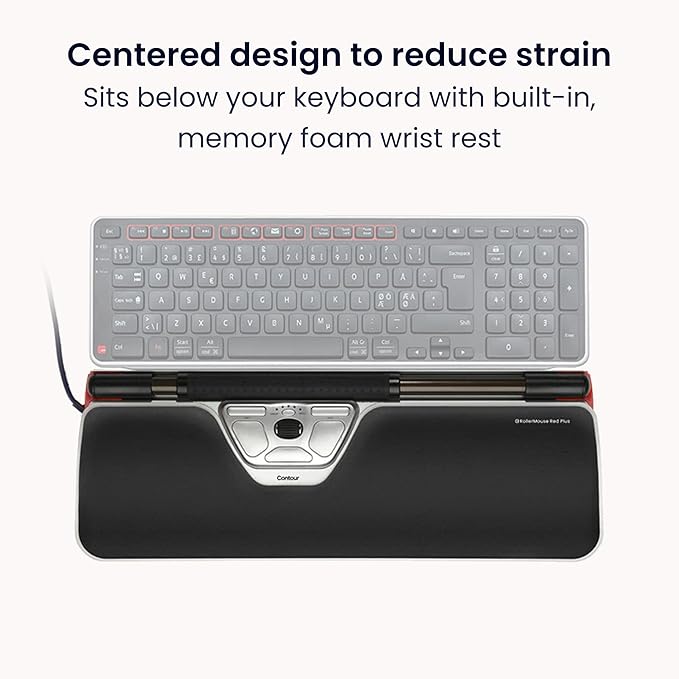 Contour RollerMouse Red Ergonomic Mouse for Shoulder Forearm Wrist Strain Relief for RSI Carpal Tunnel Centered Rollerbar 6 Customizable Buttons 10 Speed Settings Mac/PC Compatible - Wired - Plus