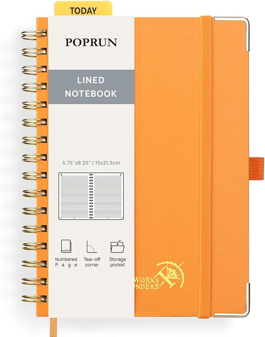 POPRUN Lined Spiral Journal Notebook, [A5-5.75'' x 8.25''] - 120 GSM Thick Paper, 144 Numbered Pages, College Ruled Notebook for Men & Women with Pocket, Index Tabs, 8 Perforated Sheets, Orange