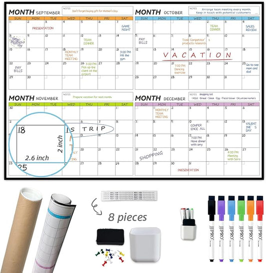 JJPRO Dry Erase 4 Month Wall Calendar - 38x26 Inches - Blank Undated 4 Month Dry Erase Calendar for Wall-Premium Laminated Whiteboard Planner-Reusable 4 Month Jumbo Office Calendar