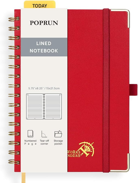 POPRUN Lined Spiral Journal Notebook, [A5-5.75'' x 8.25''] - 120 GSM Thick Paper, 144 Numbered Pages, College Ruled Notebook for Men & Women with Pocket, Index Tabs, 8 Perforated Sheets, Red