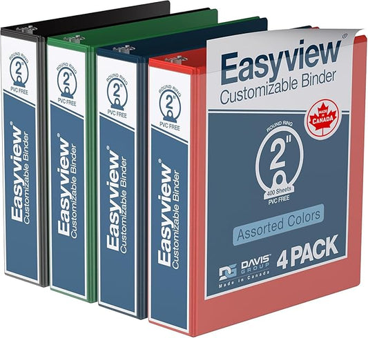 Easyview Premium 2-Inch Binders with Clear-View Covers, 3-Ring Binders for School, Office, or Home, Colored Binder Notebooks, Pack of 4, Round Ring, Classic Colors