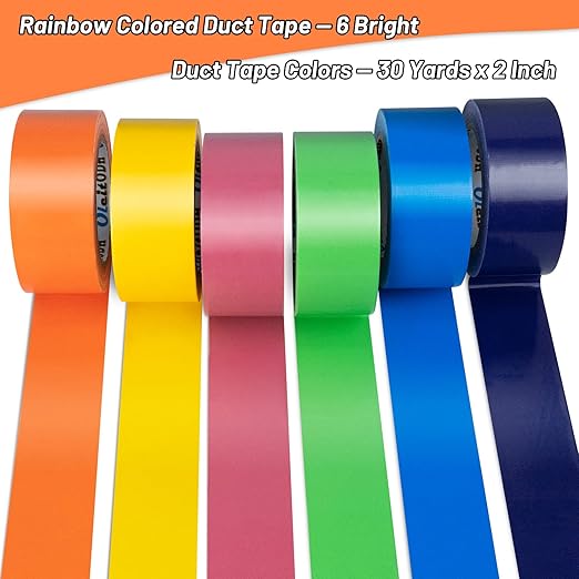 6 Pack Rainbow Colored Duct Tape Bulk, 2 Inch x 180 Yards Heavy Duty Color Duct Tape Rolls, No Residue,Waterproof & Tear by Hand,Great for Packaging, Arts & Crafts and DIY Projects