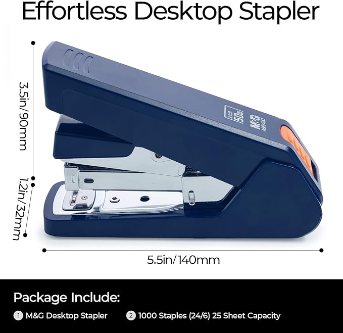 M&G Effortless Stapler 50 Sheet Capacity One-Touch Stapling, Heavy Duty Desktop Stapler Includes 1000 Staples and Remover, Portable Handheld Staplers for Home & Office (Dark Blue)