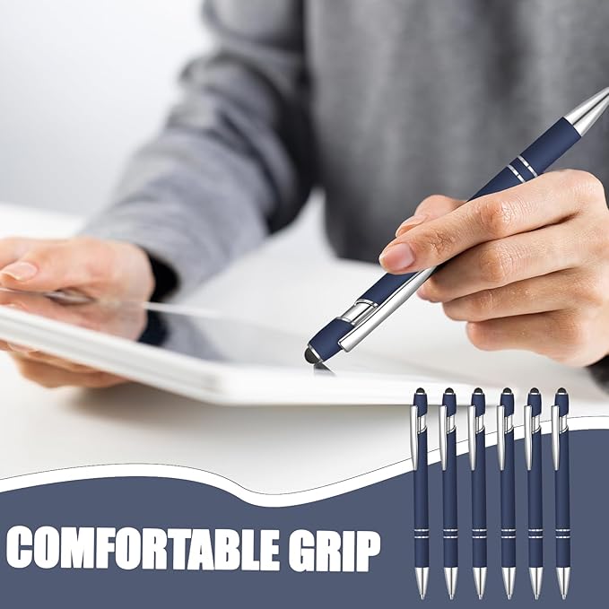 6 Pcs Blue Ink Ballpoint Pen with Stylus Tip 2 in 1 Ballpoint Pen Metal Pens Stylus Pen for Touch Screens Office Coworkers (Black Blue Coffee)