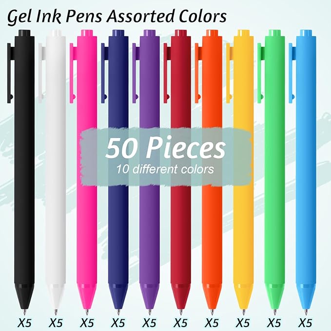 Crtiin 50 Pcs Gel Ink Pens Bulk, Black Ink 0.5mm Fine Point Retractable Pen Smooth Writing Office School Supplies for Teacher Server Operation Christmas Charity Donation Thanksgiving (Colorful)