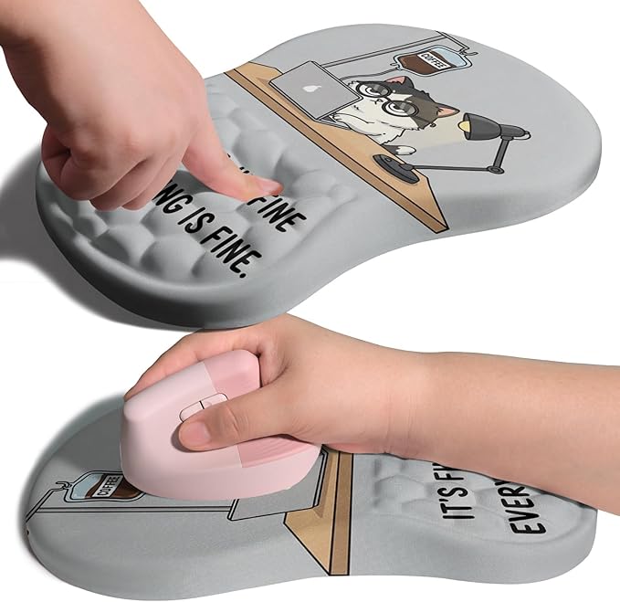 Ergonomic Joint Wrist Support Mouse Pad with Memory Foam Cushion Massage Bump, Carpal Tunnel Pain Relief Mousepad Slope Design for Wrist Rest, 11.8x7.9 in, Funny Coffee Cat