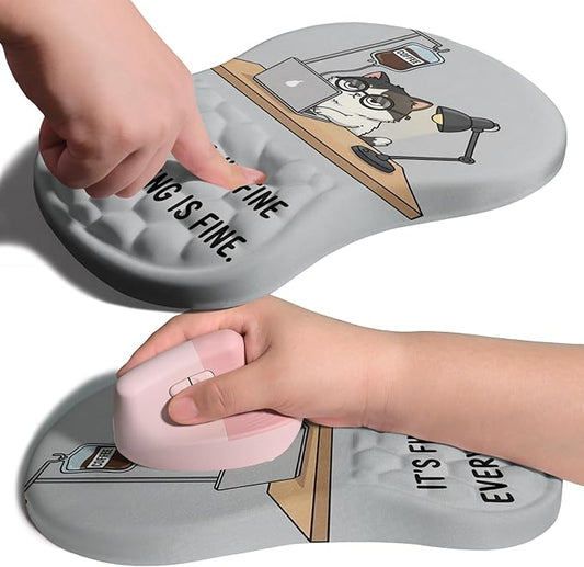 Ergonomic Joint Wrist Support Mouse Pad with Memory Foam Cushion Massage Bump, Carpal Tunnel Pain Relief Mousepad Slope Design for Wrist Rest, 11.8x7.9 in, Funny Coffee Cat