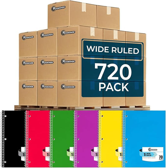 Rosmonde 720 Packs (Pallet) 1 Subject Notebooks, Spiral Notebook Bulk, Wide Ruled, Pallet of Notebooks, 70 Sheets (140 pages), 8 x 10-1/2", Bulk Spiral Notebooks for School & Office, 4-7 Days Transit