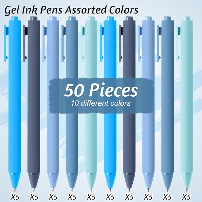 Crtiin 50 Pcs Gel Ink Pens Bulk, Black Ink 0.5mm Fine Point Retractable Pen Smooth Writing Office School Supplies for Teacher Server Operation Christmas Charity Donation Thanksgiving (Blue Series)
