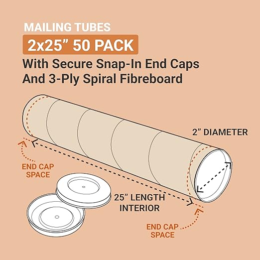 AVIDITI Mailing Tubes with Caps, 2"L x 25"W, 50-Pack | Cardboard Tube Mailer for Poster Box, Blueprint, Teachers, Artwork, Long Art Holder 2x25