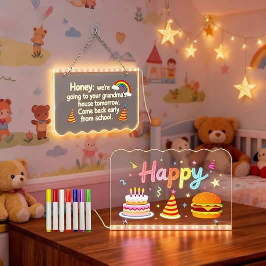 YOTAN LED Dry Erase Board 11.8"x8", USB Powered Acrylic Drawing Board with Warm Light, Includes 7 Markers, Stand & Hanging Chain, Creative LED Note Board for Home, Office, Cafe, and Restaurant