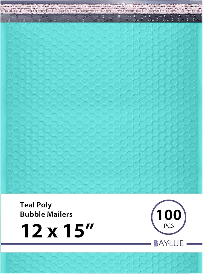 Teal Large Poly Bubble Mailers 12x15 inch | Self Seal Padded Envelopes Cushioned Bubble Mailer | Usable Size 12x15 | WaterProof | Lightweight mailing Shipping Bags | 100 Pack Bulk