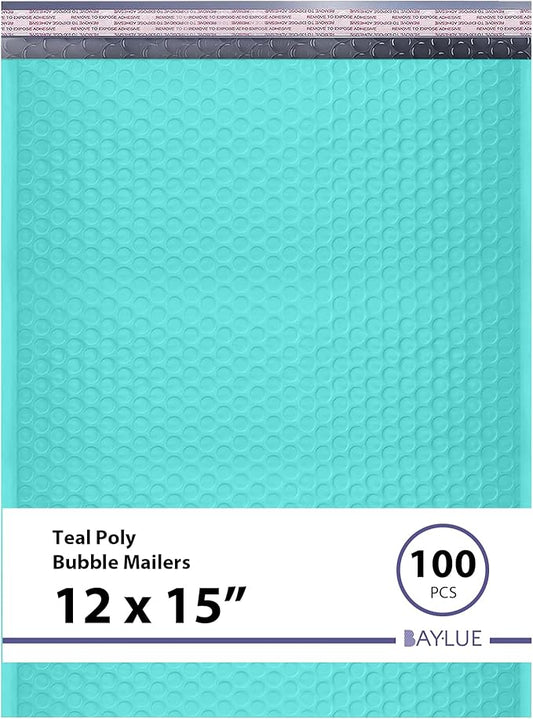 Teal Large Poly Bubble Mailers 12x15 inch | Self Seal Padded Envelopes Cushioned Bubble Mailer | Usable Size 12x15 | WaterProof | Lightweight mailing Shipping Bags | 100 Pack Bulk