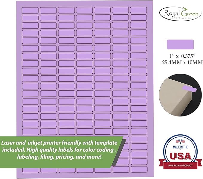 Purple Sticker Label Sheets Bulk Printable Paper Labels 1 inch x 0.375 inch - 1540 Pack, 10 Sticker Sheets for Laser/Inkjet Printers with Template Included by Royal Green
