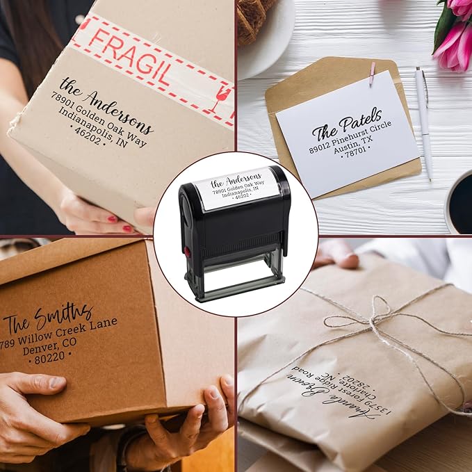 Custom Address Stamp - Personalized Self-Inking Address Return Stamp - Custom Rubber Stamper for Couples Families Office - 5 Sizes - 5 Ink Color Options