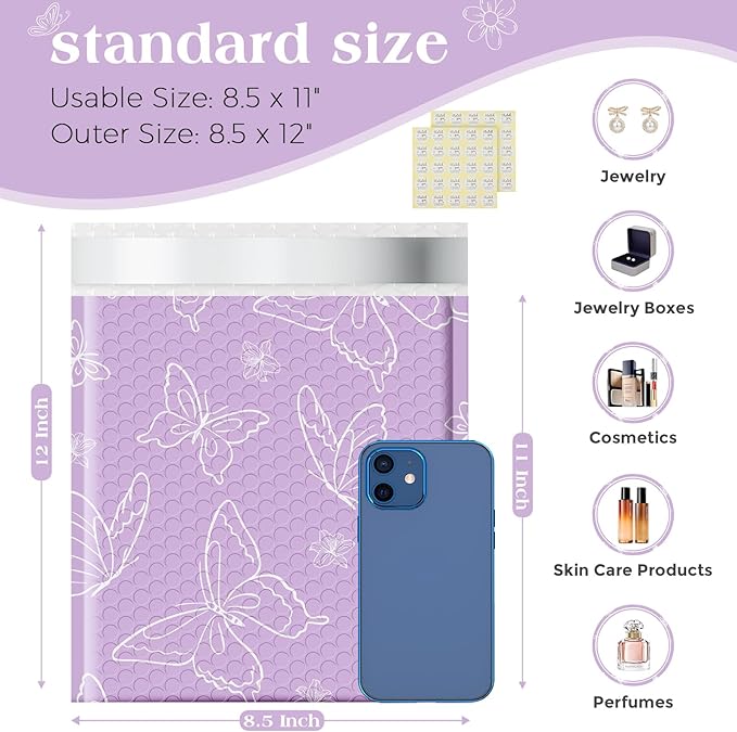 Metronic Bubble Mailers 8.5x12" 240 Pack Usable Size 8.5x11,Waterproof Mailing Padded Envelopes for Small Business,Cushioning Bubble Wrap Mailer Bags,Shipping Envelopes for Gift,Small Items Butterfly