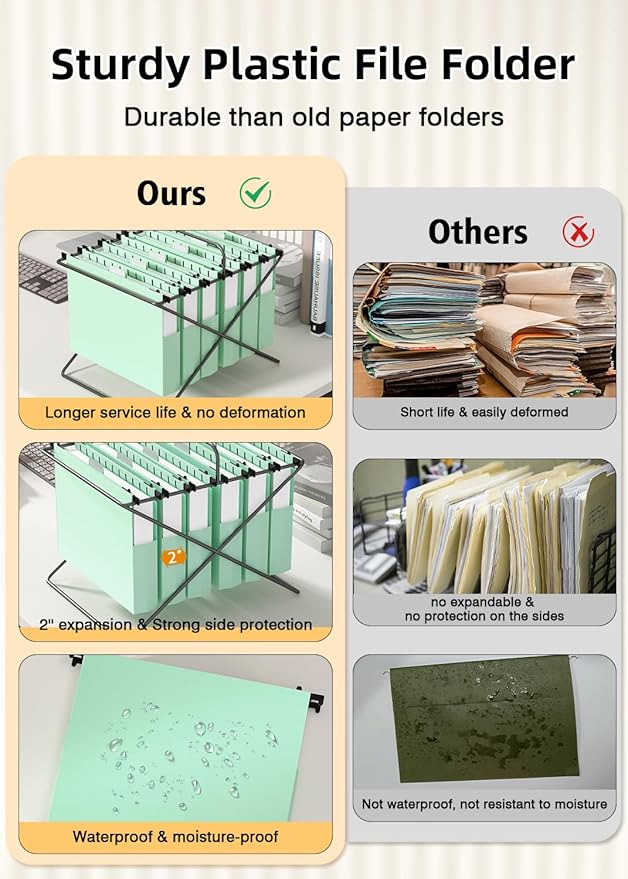 Extra Capacity Plastic Hanging File Folders, Hanging Folders, 12 Pack Reinforced Heavy Duty 2 Inch Expansion, Filing Cabinet Folders Letter Size for Bulk Files/Medical Charts(Sage Green)