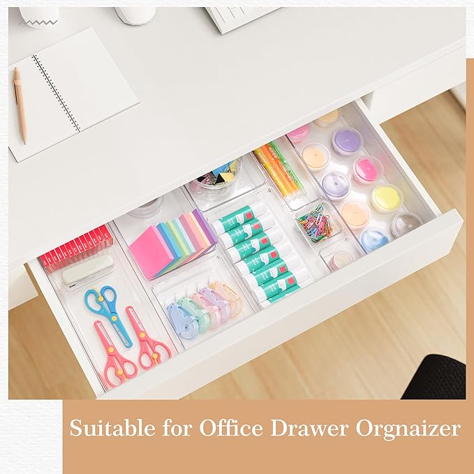 Criusia Drawer Organizer, 12 Pack Clear Plastic Kitchen Drawer Organizers Set,4-Size Versatile Bathroom and Vanity Organizer Trays,Storage Bins for Makeup, Bathroom, Jewelries and Office