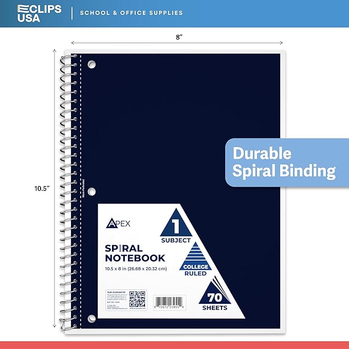 Spiral Notebook, College Ruled Notebooks, 70 Sheets, Single Subject, Notebooks Bulk, 6 Color Assortment, 3 Hole Perforated Sheets (12, College Ruled)