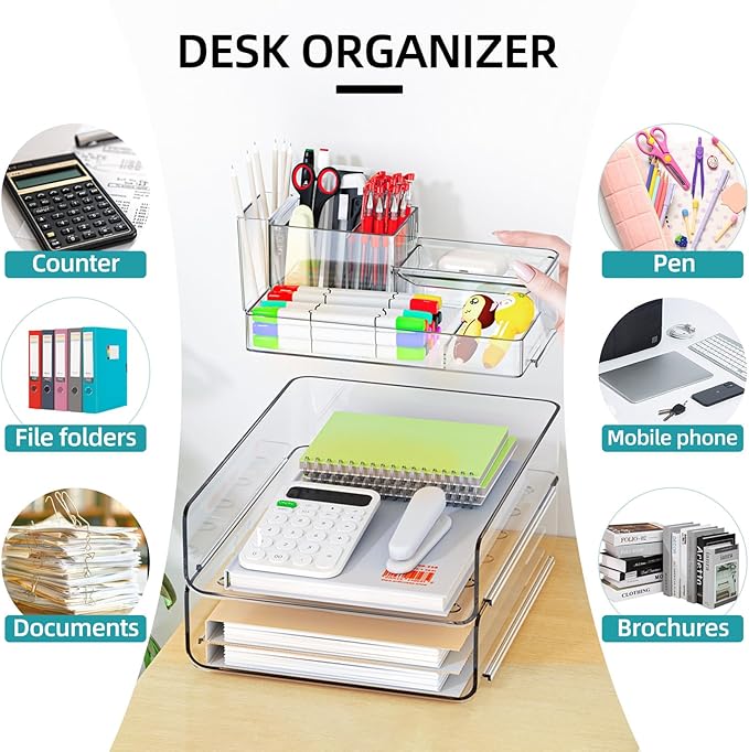 YKLSLH Paper Organizer Letter Tray - Acrylic Stackable Desk File Organizer with 5-Gird Tray and Pencil Holder, Clear Paper Sorter Office Organizer for Letter/A4, Office File Ipad Books Notes Etc
