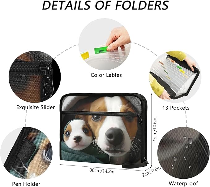 Expandable Filing Folder Cute Dogs Blanket, 13 Pockets A4 Letter Size Document Organizer with Sticky Labels for Office, School, Boys, Girls