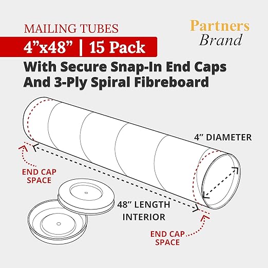 PARTNERS BRAND Cardboard Tubes with Caps, 48"L x 4"W x 4"H, Pack of 15 | Poster Tube for Mailing and Storage of Blueprints, Artwork, Crafts, Long Art Holder, 48 inches