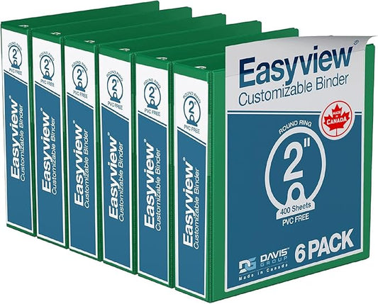 Easyview Premium 3-Ring Binders with Clear-View Covers and Round Rings, Binders for School or Office, 2 Inch, Pack of 6, Green