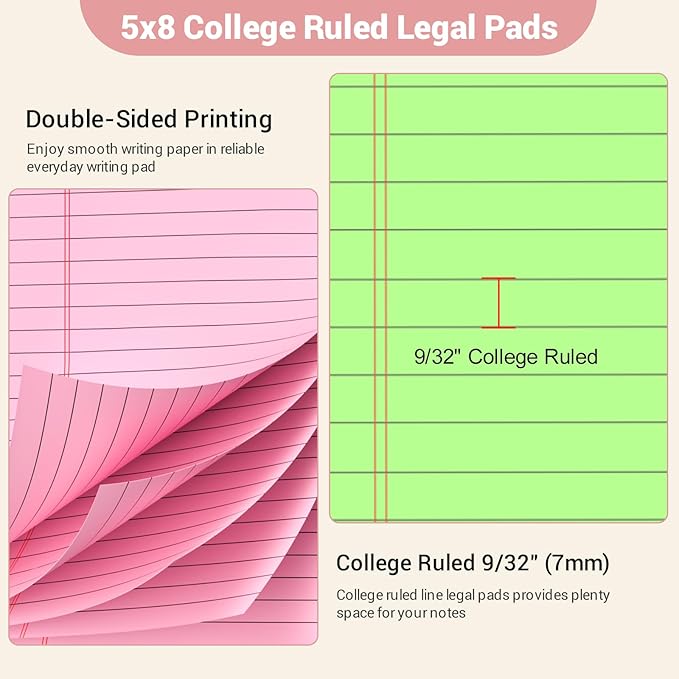Legal Pads 5x8 Colored Note Pads, 4 Pack College Ruled Notepads 5x8 Lined Paper, Colored Notebook Paper Writing Pads 30 Sheets per Colored Paper Small Legal Pads 5x8 for Home Office School Supplies