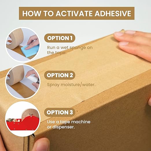TAPEBEAR Water Activated Tape, Fiber Reinforced Gummed Tape 2inch x 165ft, Eco-Friendly Kraft Paper Tape Biodegradable Brown Packing Tape for Security Sealing, Heavy Duty Packaging and Shipping,3Rolls