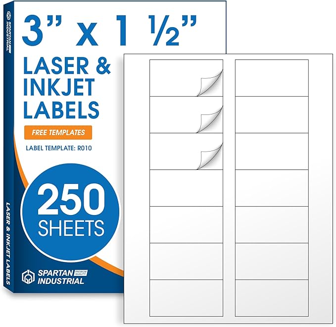 3" X 1.5" Matte White Printable Labels Compatible with Inkjet and Laser Printers - 250 Sheets, 3500 Total Stickers for Bottles, Product Labeling, Mailing - Spartan Industrial Template R010