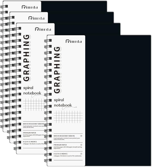 Graph Paper Notebook Spiral Notebook 8.5" x 11"-4 Pack Grid Paper Notebook Graph notebook Engineering notebook 120 Pages 100 GSM Thick Graphing Paper Notebook Hardcover Journal for School,